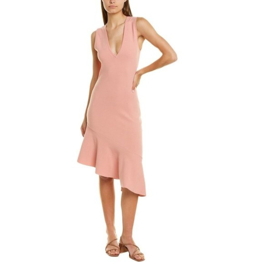525 America Asymmetrical Ruffle Hem V Neck Midi Dress Pink‎ Sand NEW Medium